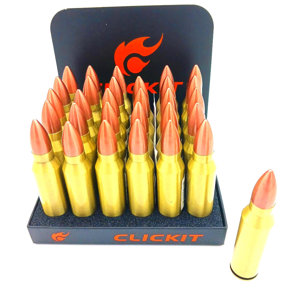 Clickit single bullet slide torch lighter 30 pcs display pack with strong jet flame, durable build, and compact sliding mechanism for easy portable use.