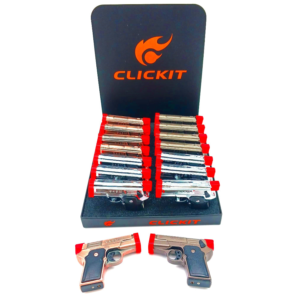 Clickit single torch pistol lighter 16 pack box, designed for strong flame output, durable build, and reliable ignition for everyday lighting use.