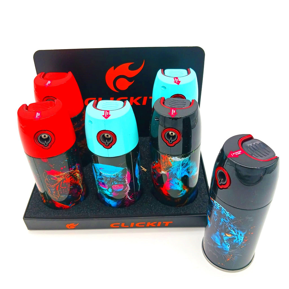 Clickit spraycan torch animal face lighter 6 pieces per box, featuring a unique spraycan style design with animal face prints, strong jet flame, and durable portable construction for reliable use.