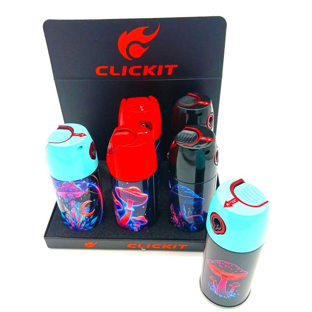 Clickit spraycan torch mushroom design lighter 6 pieces per box, featuring a creative mushroom graphic, strong jet flame, and durable spraycan-style body for reliable everyday use.