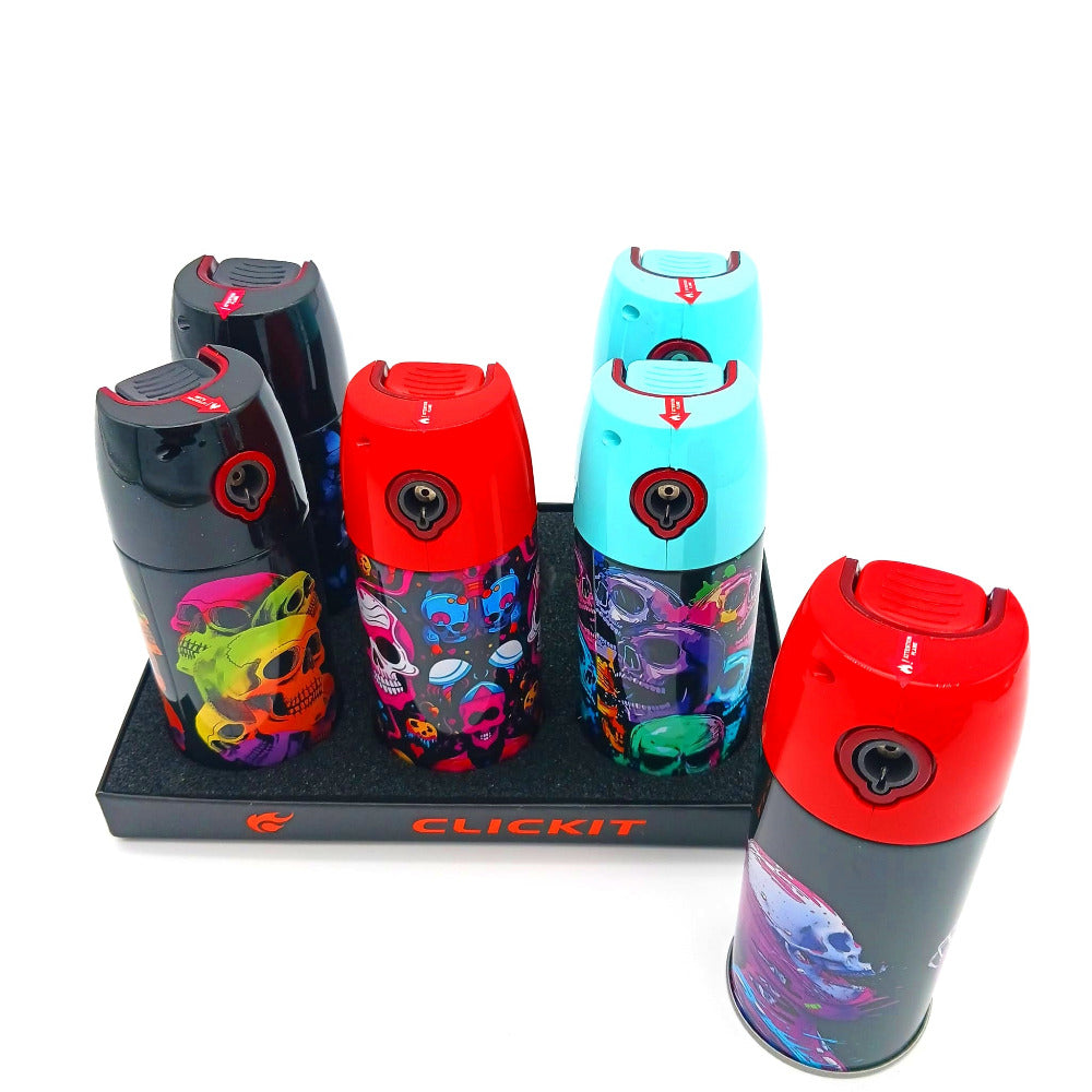 Clickit spraycan torch skull design lighter 6 pieces per box, featuring a unique skull graphic spraycan style body, strong jet flame, and durable construction for reliable everyday use.