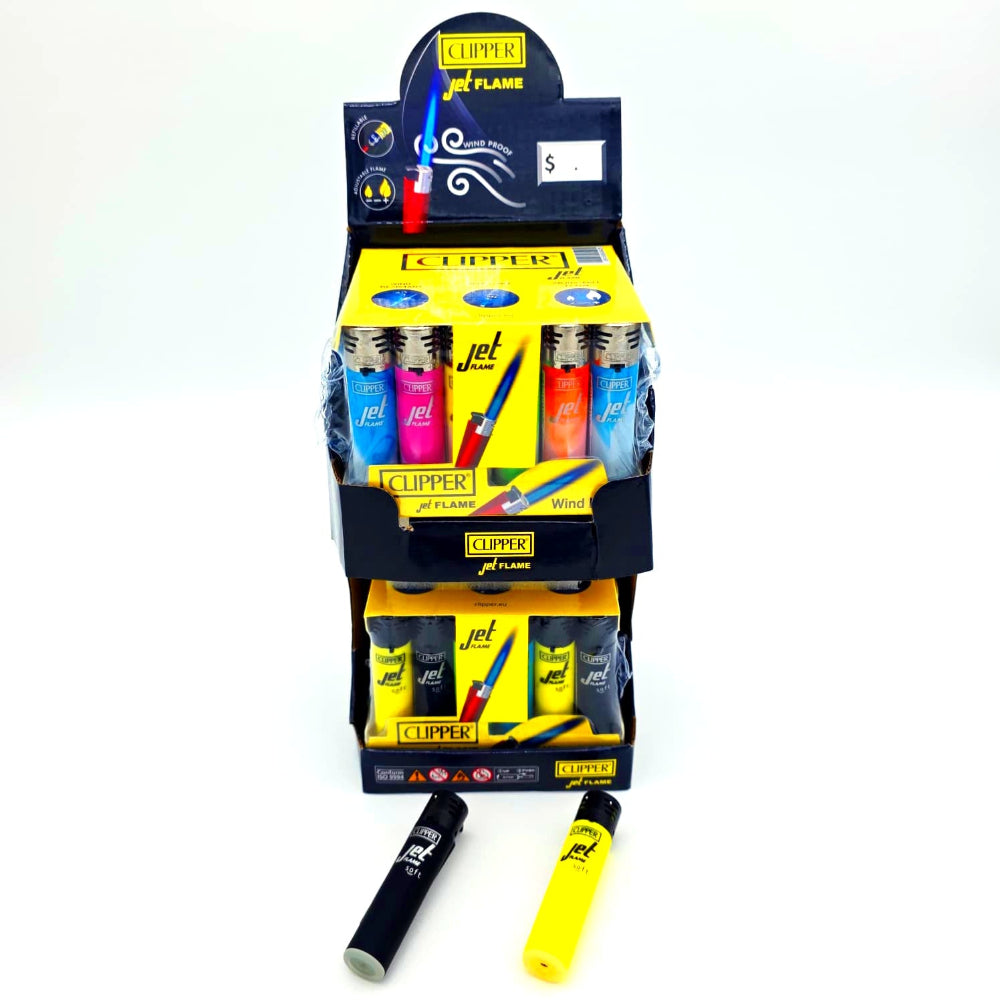 Clipper Jet Lighter 2 Tier Display with 48 Count Refillable Torch Lighters Wholesale Packaging Box Display.