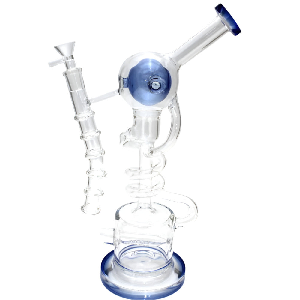 Coil design recycler water pipe with ergonomic handle and advanced filtration system for smooth airflow, enhanced cooling, and a comfortable smoking experience.