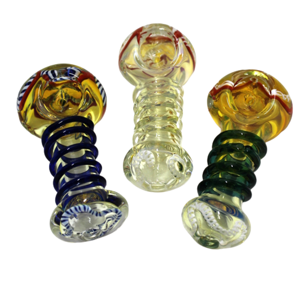 Coil Design Swirl Color Head Heavy Duty Glass Hand Pipe with durable glass construction, vibrant swirl color head, coil detailing, and smooth airflow