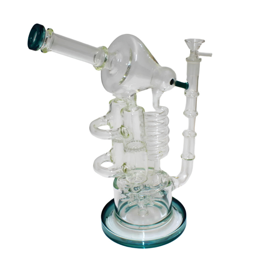 Coil water pipe with honeycomb side arm percolator featuring durable glass construction and smooth filtration performance.