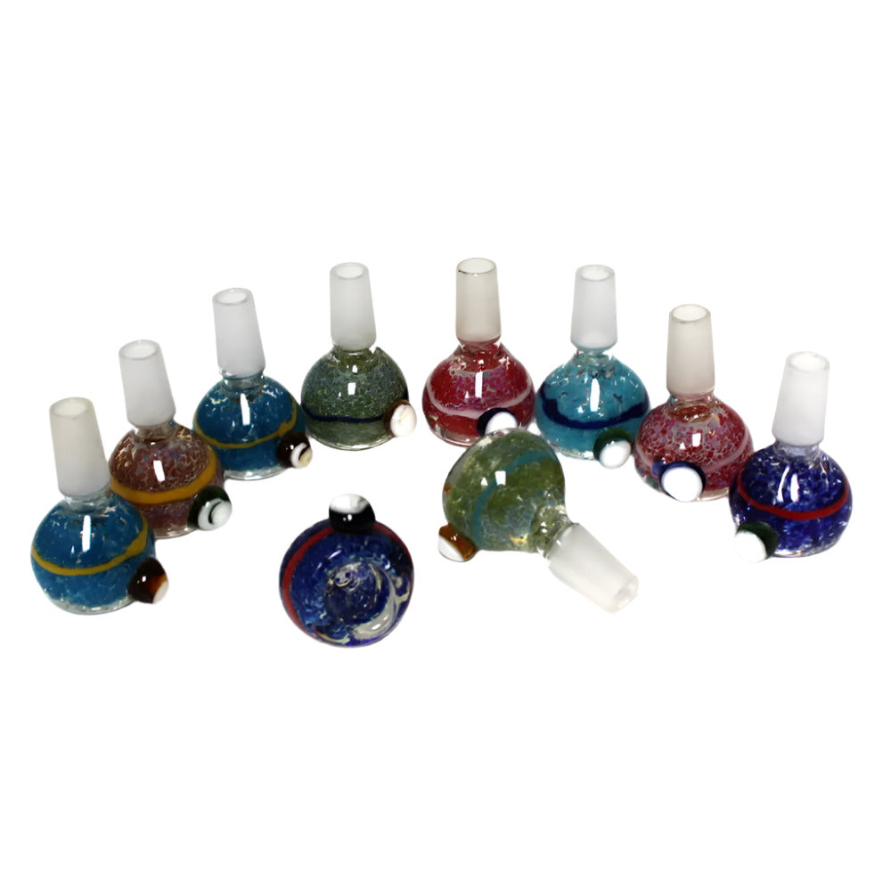 Colorful glass bowl 14MM male joint designed for secure fit and easy use with water pipes.