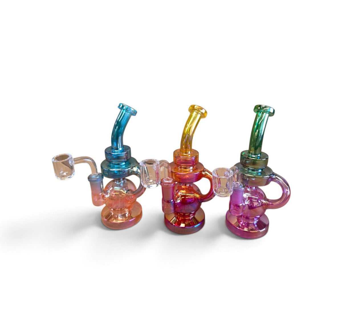 Full view of colorful dab rig water pipe equipped with a 14mm male quartz banger