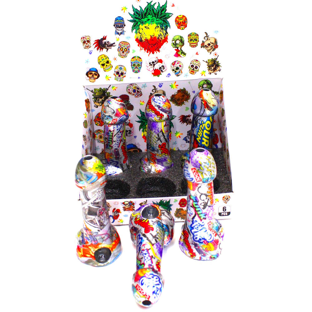 Colorful dildo novelty printed glass hand pipe, durable thick glass construction with smooth airflow and compact portable smoking accessory design.