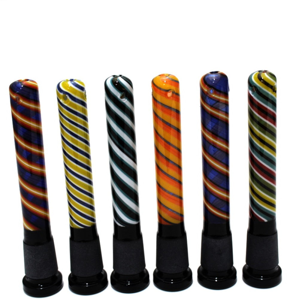 Colorful downstem 18MM male to 14MM female glass on glass adapter made from heat resistant glass.