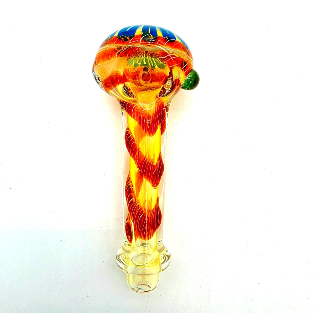 Heavy duty frit color glass hand pipe crafted from thick durable glass, featuring colorful frit design and smooth airflow for an enhanced smoking experience.