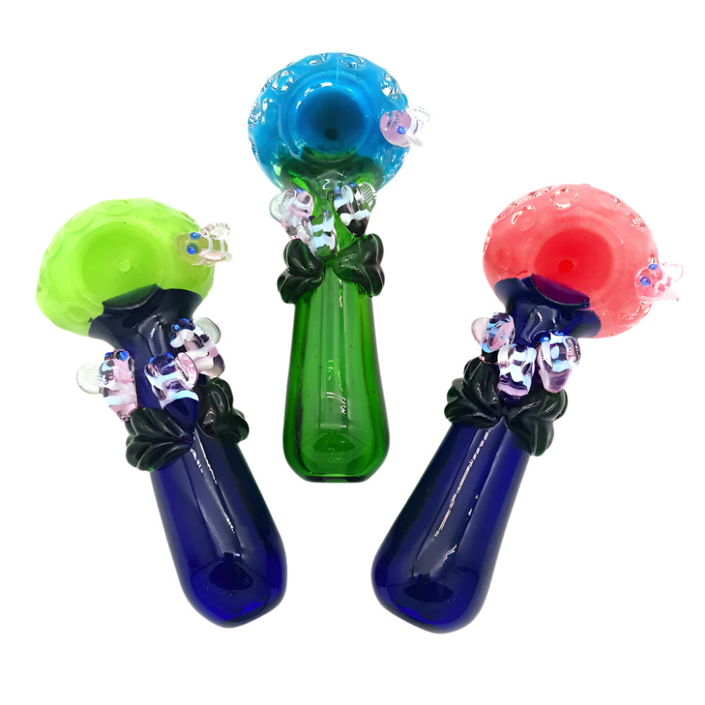 Colorful honey bee design heavy duty glass hand pipe featuring vibrant artwork, durable thick glass construction, and a compact handheld shape.