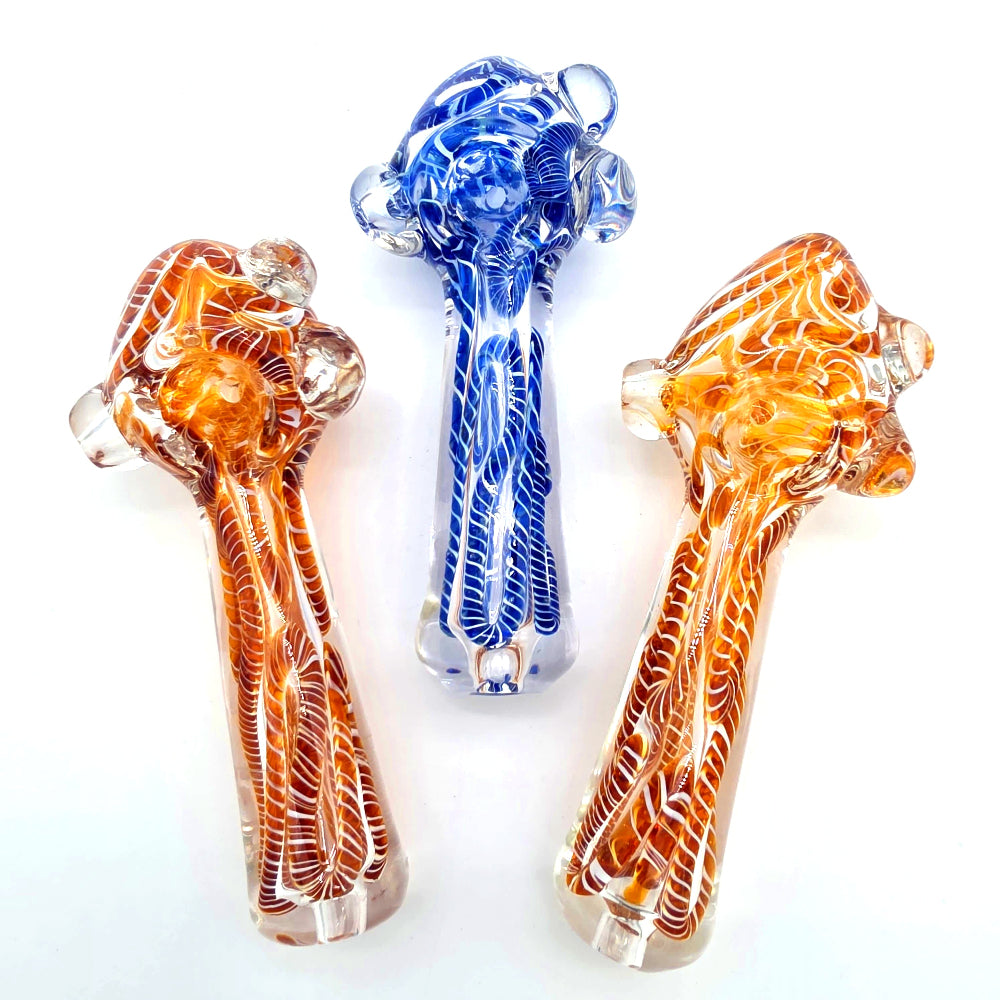 Cubed design swirl color heavy duty glass hand pipe made from thick durable glass with unique swirl pattern, compact shape, and smooth airflow.