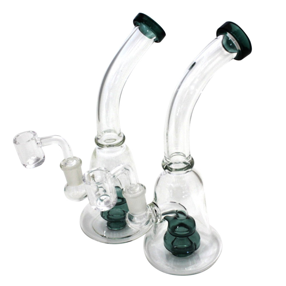 Curve design dab rig water pipe with 14mm male quartz banger durable borosilicate glass curved body structure smooth water filtration system stable base design.