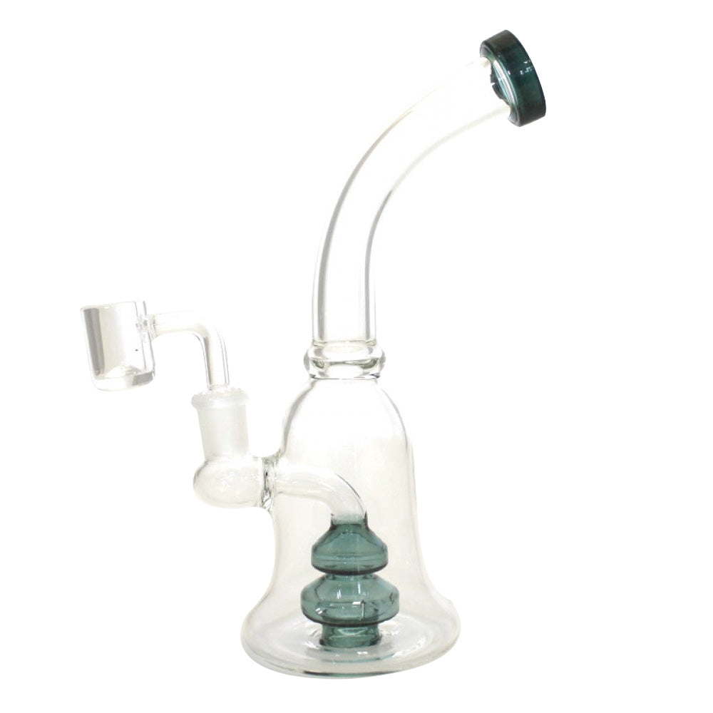 Curved glass dab rig water pipe with 14mm male quartz banger durable borosilicate glass construction ergonomic curved design smooth water filtration system and stable base.