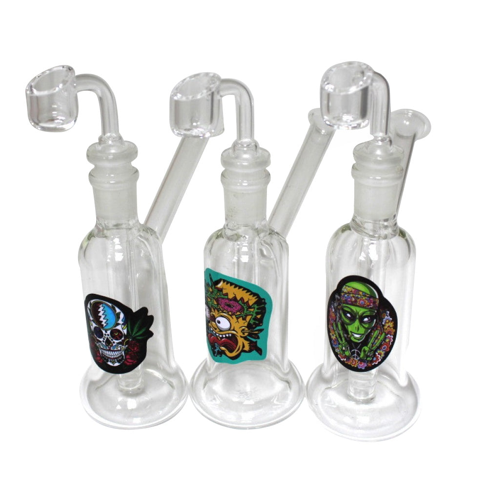 Decal design dab rig bubbler with 14mm male banger, durable glass body with built-in water filtration system for smooth and clean hits.