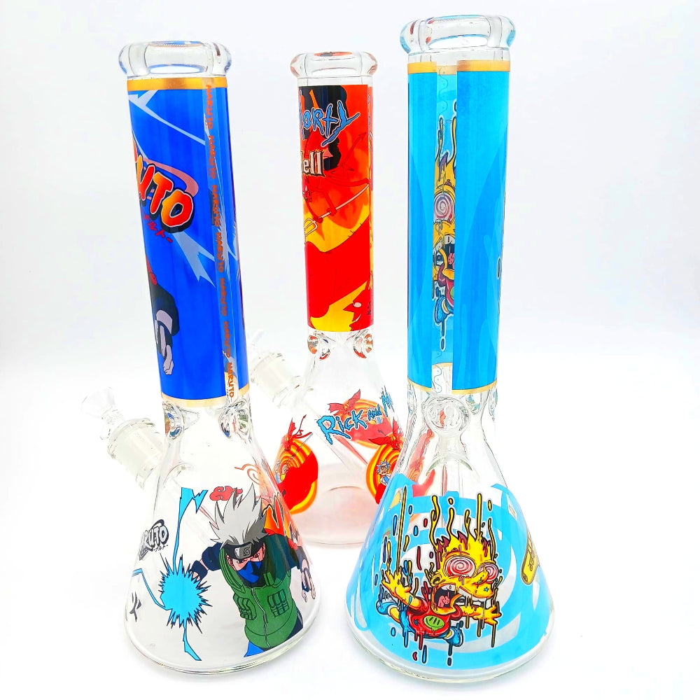 Decal design heavy beaker glass water pipe rig with thick durable glass, stable base, and smooth water filtration for clean smoking experience.