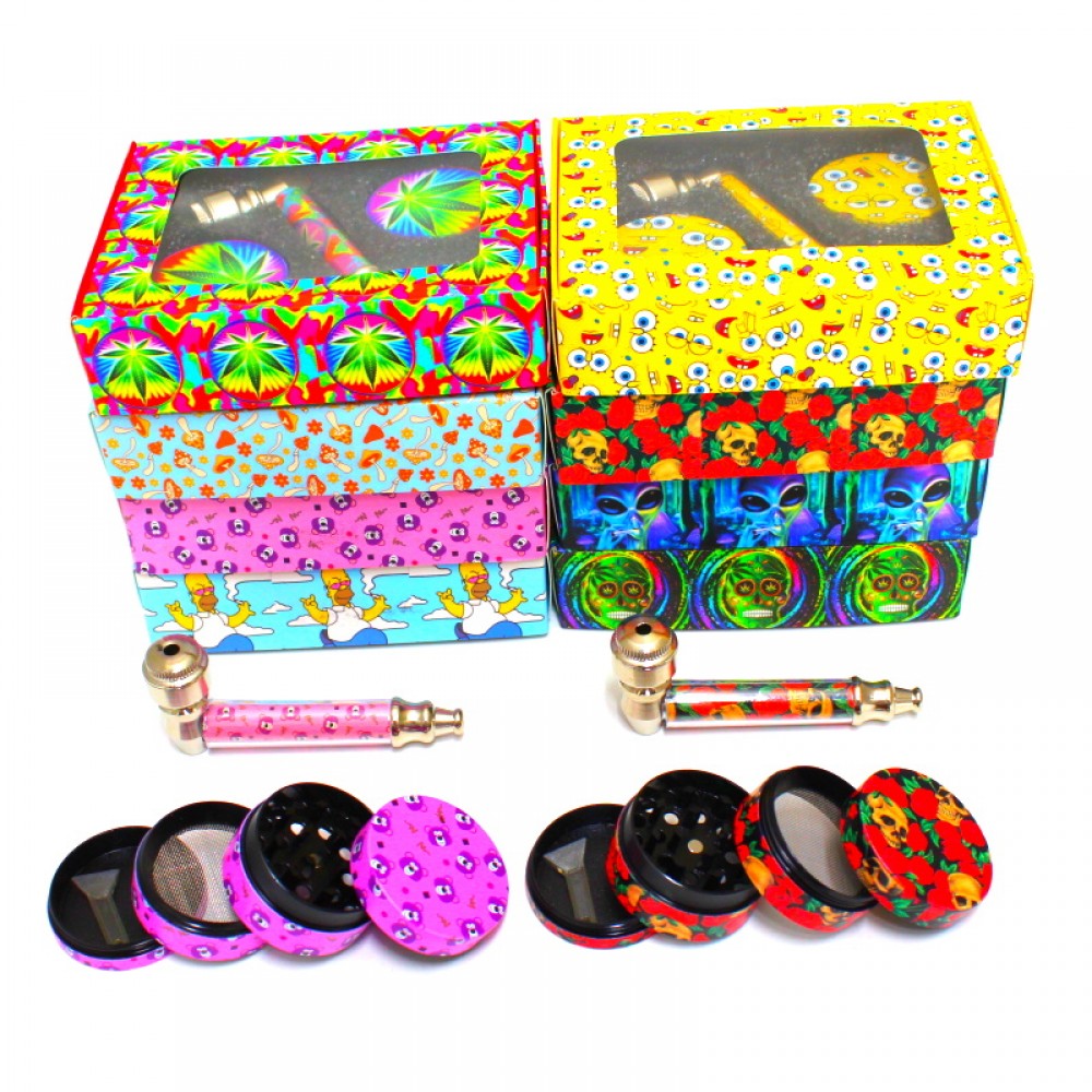 4-part decal grinder with metal hand pipe and lid, durable build, sharp teeth, and smooth grinding performance for herbs in a portable set.