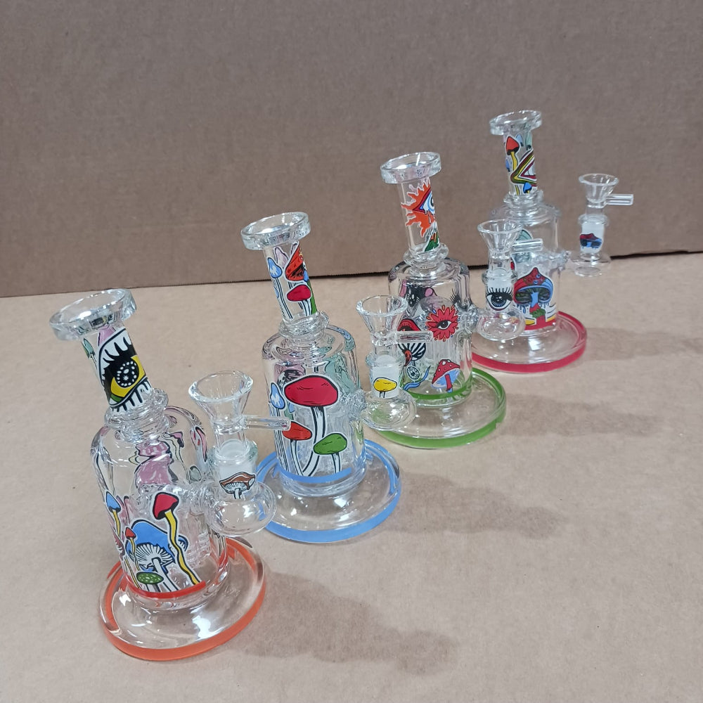 Decorative decal glass water pipe with tree percolator, built from durable thick glass for smooth filtration, improved airflow, and a stylish artistic design.