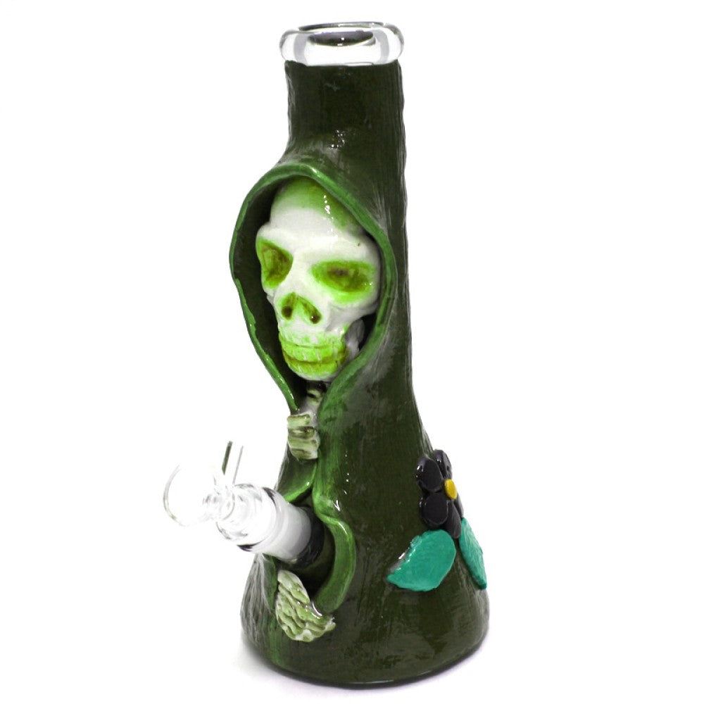Decorated art design heavy duty glass water pipe bong featuring artistic detailing, thick durable glass construction, and smooth airflow for a consistent smoking experience.