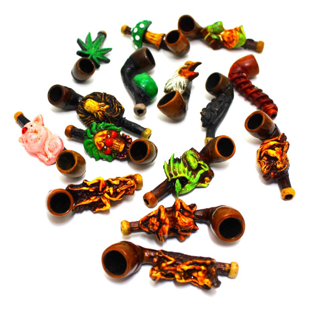Decorated Assorted Art Designs Tobacco Hand Pipe with colorful artwork, detailed craftsmanship, and assorted decorative patterns.