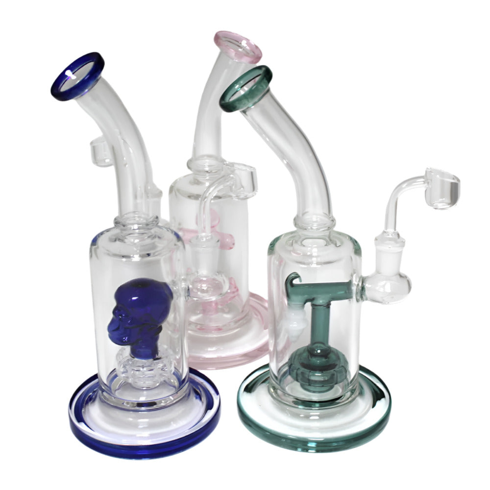 Assorted design percolator water pipe with 14mm male banger featuring durable borosilicate glass, decorative artwork, and smooth filtration.