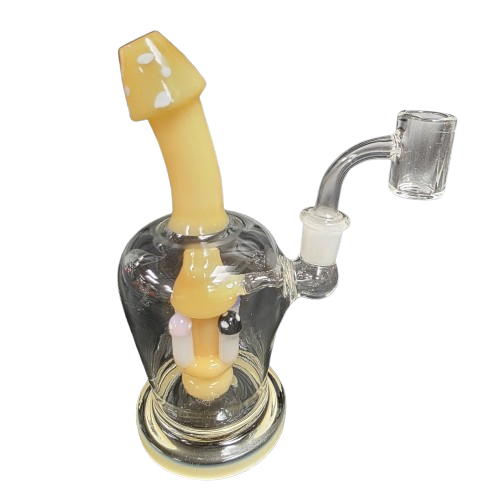 Design mushroom percolator glass dab rig water pipe with 14mm male banger, featuring a unique mushroom-style percolator for smooth airflow and clean vapor filtration.