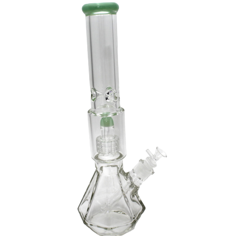 Diamond cut design beaker base water pipe with showerhead percolator, heavy glass construction, and 14mm male bowl glass-on-glass connection.**