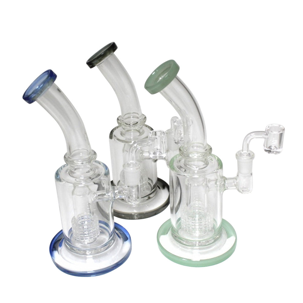 Diamond cut design percolator curve dab rig water pipe with 14mm male quartz banger durable borosilicate glass with advanced filtration and smooth airflow system.
