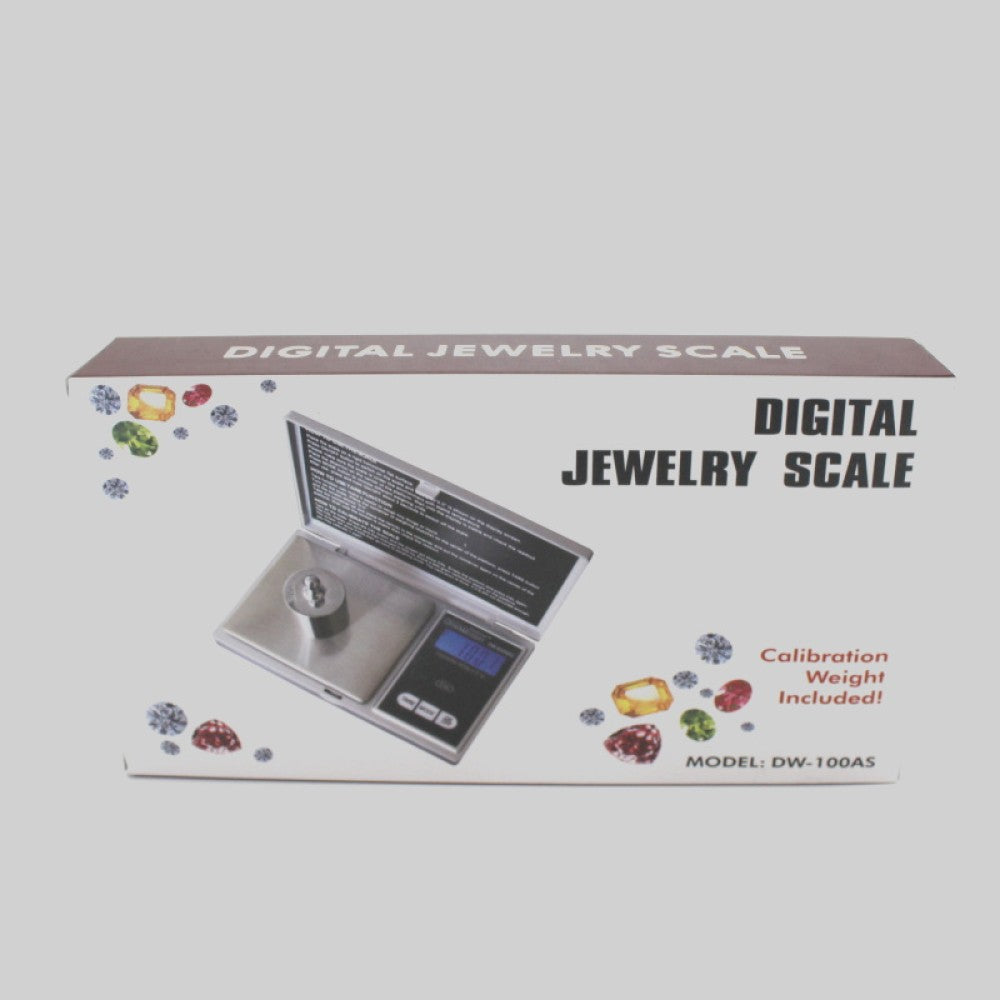DW-100AS digital jewelry scale with 100g capacity and 0.01g precision, compact LCD display scale with calibration weight for accurate portable weighing.