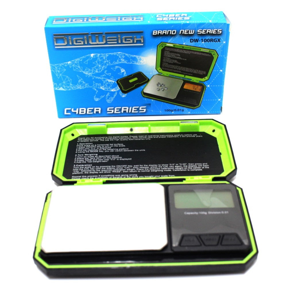 DigiWeigh Cyber Series DW-100RGX pocket scale, 100g capacity with 0.01g precision, compact digital design with LCD display for accurate and portable weighing.