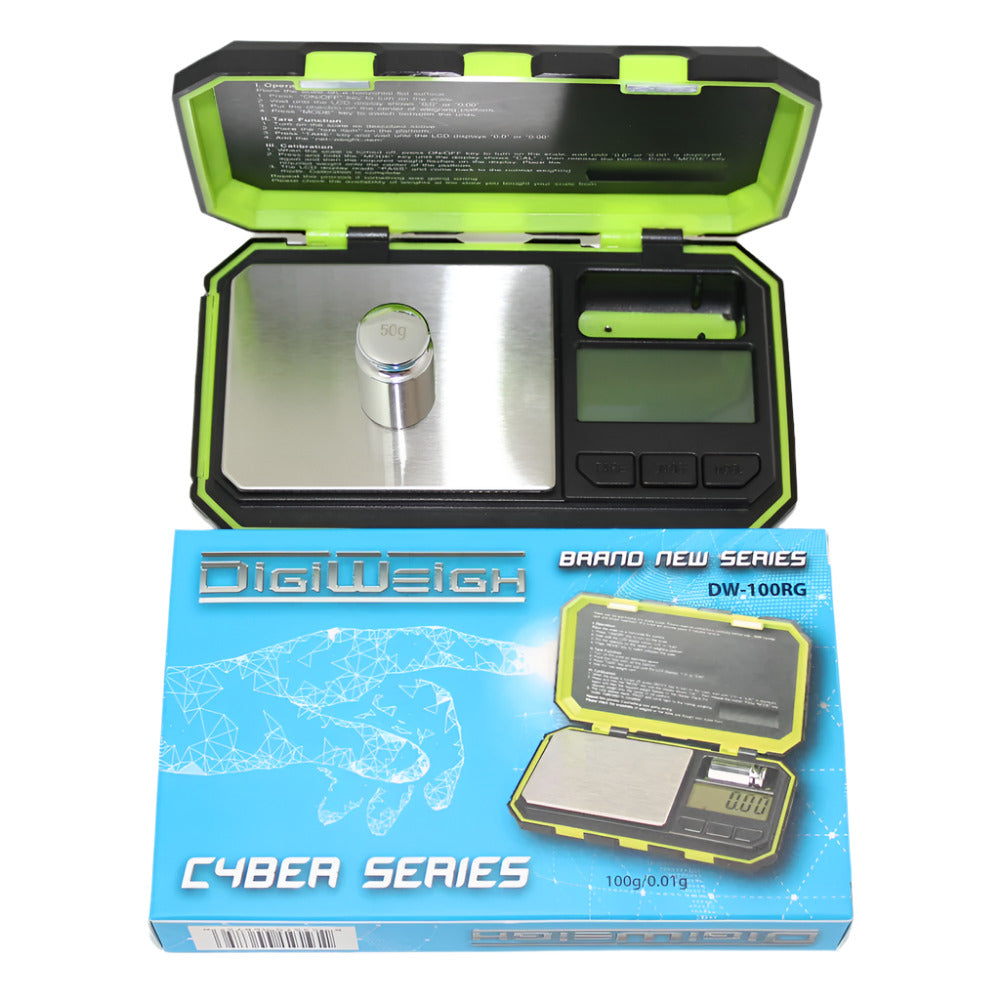 DigiWeigh DW-100RGX Cyber Series pocket scale, 100g capacity with 0.01g precision, compact digital design with LCD display for accurate portable weighing.