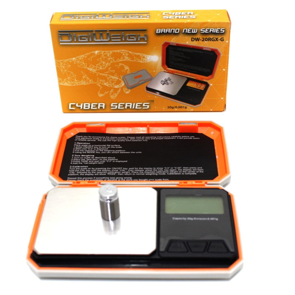 DigiWeigh DW-20RGX-G Cyber Series pocket scale, 20g capacity with 0.001g precision, compact digital scale with LCD display and portable design.