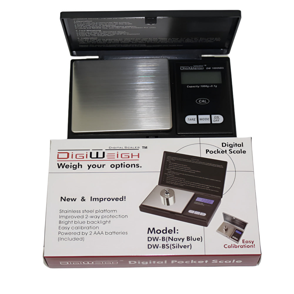 DigiWeigh DW-BS digital pocket scale, 1000g capacity with 0.1g precision, compact portable design with LCD display for accurate weighing.