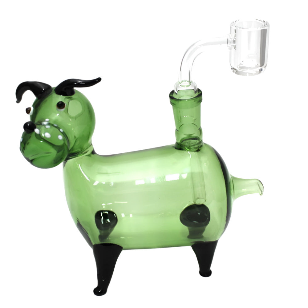 Dog Design Glass Pipe with 14mm Male Bowl and Banger featuring artistic craftsmanship, durable glass build, and functional smoking setup.