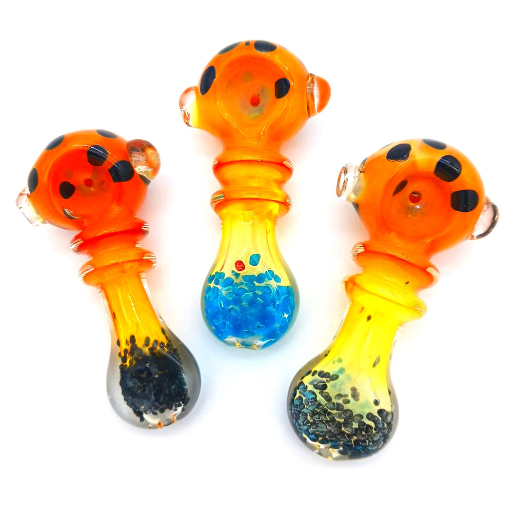 Dotted color glass hand pipe with vibrant multi-color dot design, heavy-duty durable glass, compact portable build, and smooth airflow for clean smoking experience.