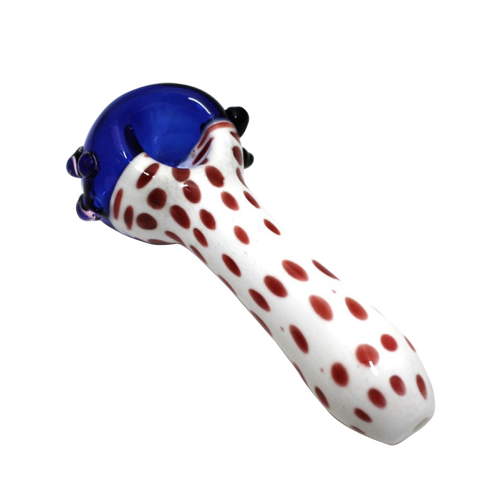 Color Head Dotted Heavy Duty Glass Hand Pipe featuring decorative dotted accents, colorful head design, and thick durable glass construction for a distinctive handcrafted look.