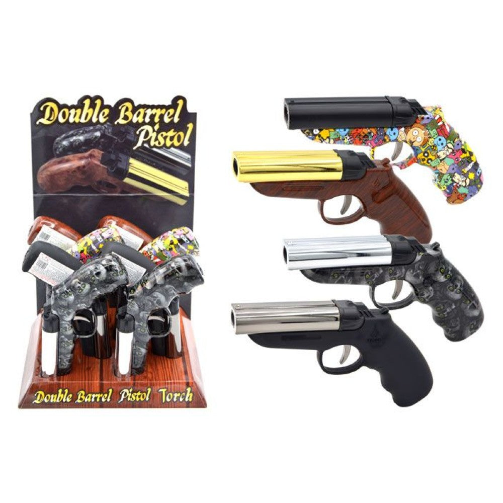 Double Barrel Torch by Techno Torch with dual flame design, adjustable butane system, and ergonomic grip, packed 8 pieces per display.