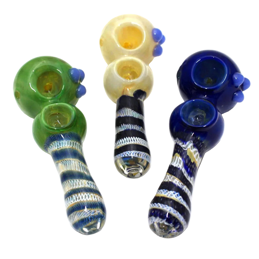 Double bowl assorted color heavy duty thick glass hand pipe featuring vibrant multicolor designs, durable thick glass construction, and dual bowl functionality.