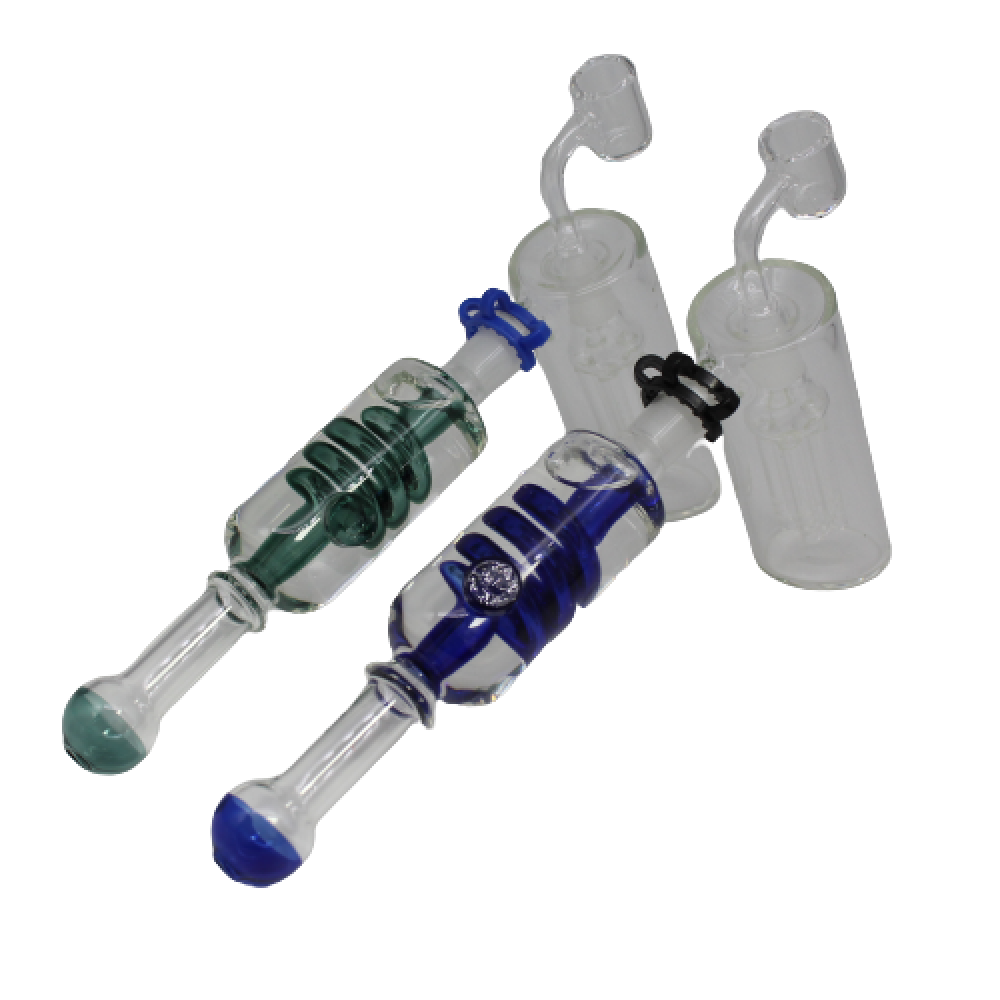 Double part coil liquid dab rig with tree percolator unique heavy duty glass handle set with 14mm male quartz banger advanced filtration system smooth cooling vapor design.