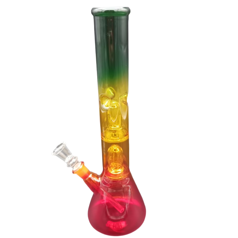Double dome percolator water pipe glass bong with dual chamber filtration system, durable borosilicate build for smooth, clean, and cooled vapor hits.