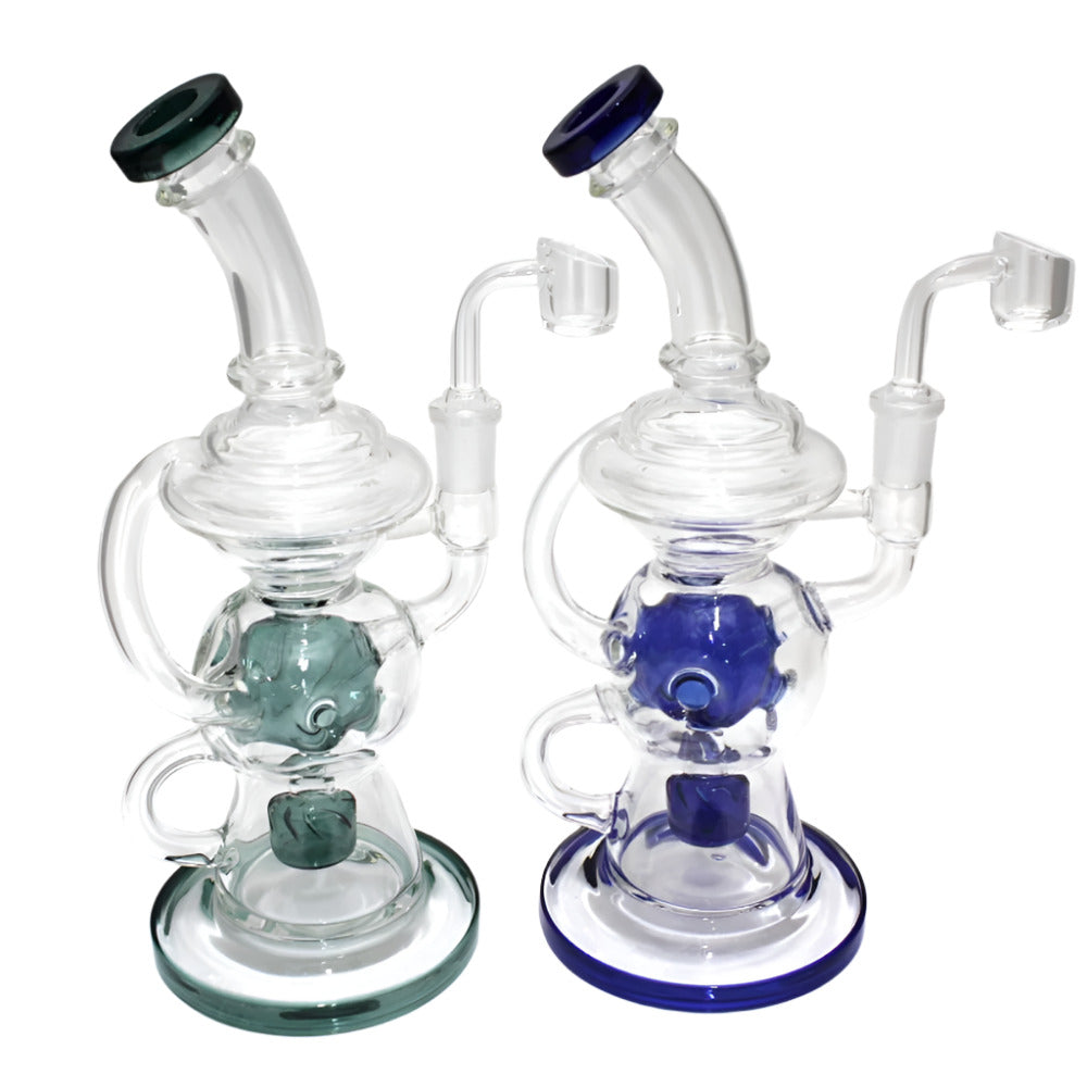 Double recycle new design water pipe with 14mm male banger featuring durable glass construction and smooth filtration system.