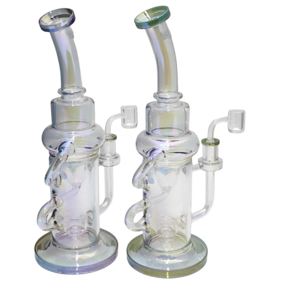 Double recycler colorful glass water pipe featuring advanced dual recycling chambers for enhanced filtration, smooth airflow, and vibrant artistic design.