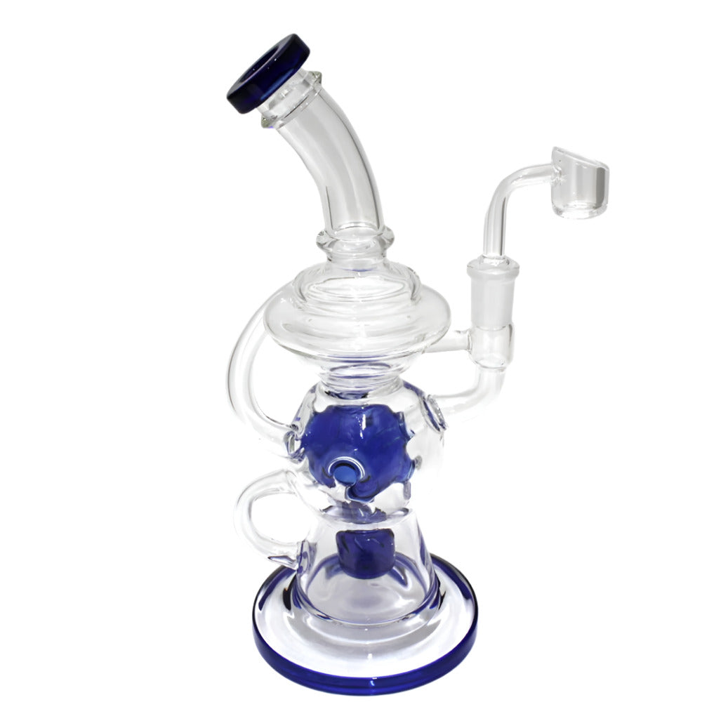 Double recycler new design water pipe with 14mm male banger featuring advanced dual recycling chambers, improved airflow filtration, and smooth cooling performance.