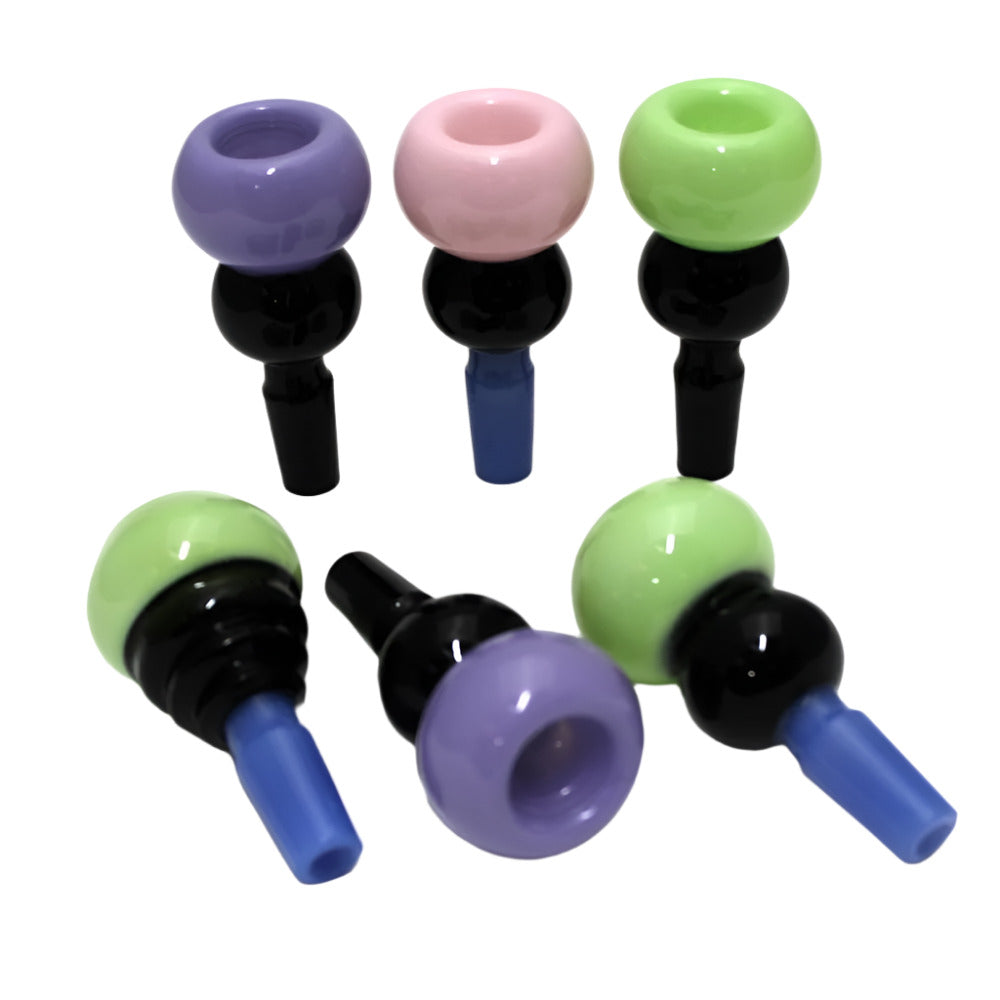 Double Round Design Multi Color 14mm male glass bowl made from durable borosilicate glass for glass-on-glass bong setups.