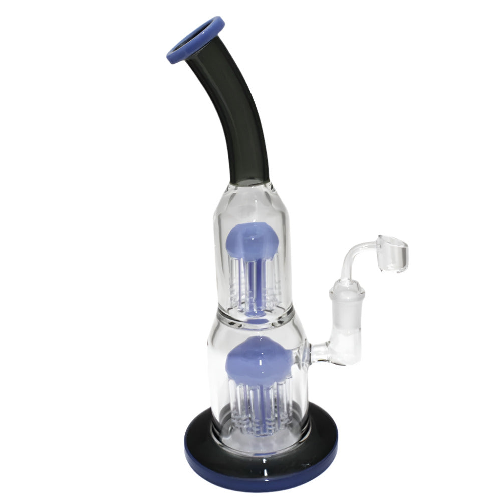 Double tree percolator color tube water pipe with 18mm male banger featuring durable glass and smooth filtration performance.