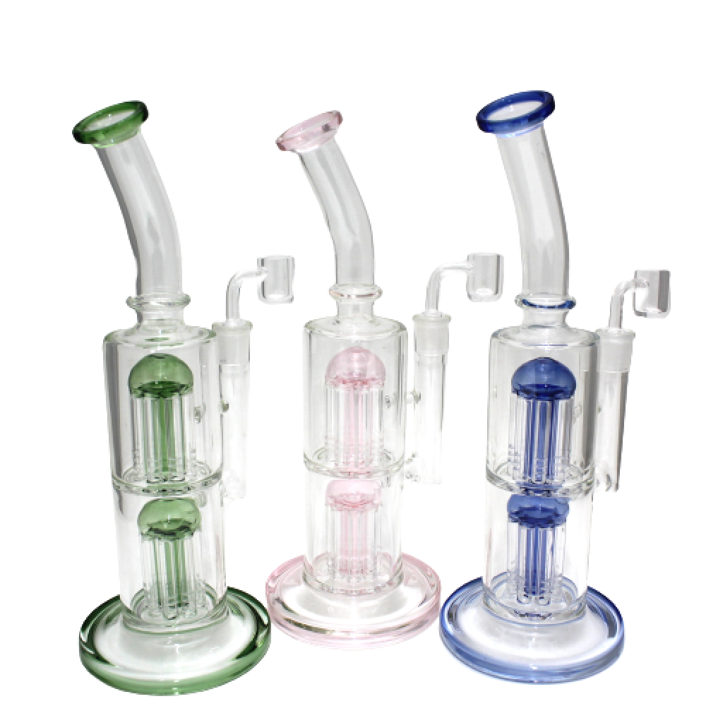 Double tree percolator water pipe with 14mm male banger featuring durable glass construction and smooth filtration performance.