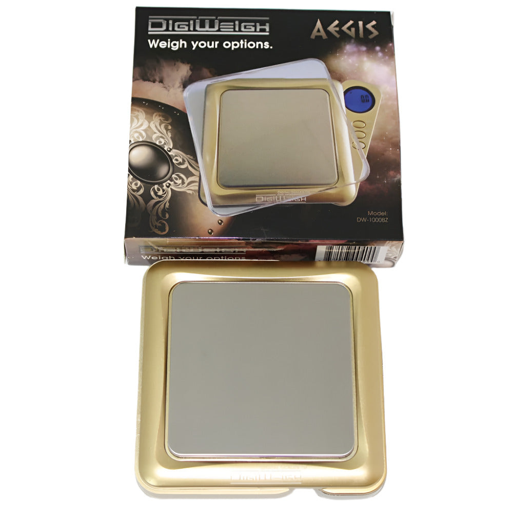 DW-1000BZ DigiWeigh Pocket Scale Gold with 1000g capacity and 0.1g accuracy, LCD display, compact design, and durable precise weighing function.