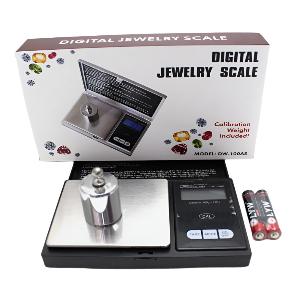 DW-100AS digital jewelry scale with 100g capacity and 0.01g precision, includes calibration weight, compact portable design with LCD display for accurate measurement.