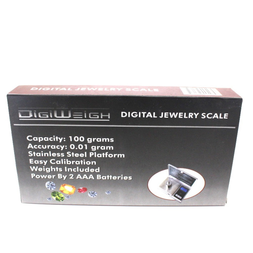 DW-100AS digital jewelry scale, 100g capacity with 0.01g precision, includes calibration weight, compact design with LCD display for accurate measurement.