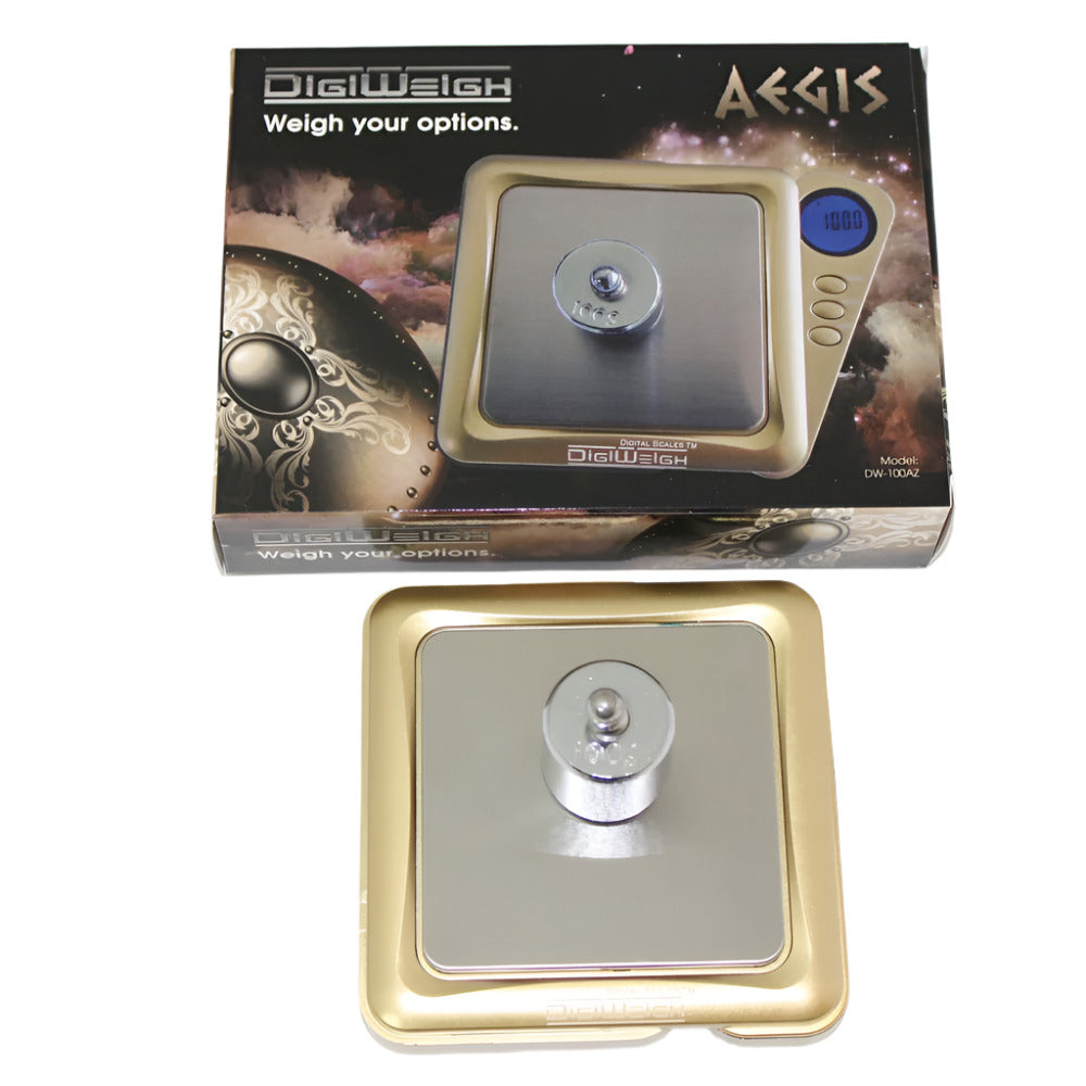 DW-100AZ DigiWeigh Digital Pocket Scale Gold with 100g capacity and 0.01g accuracy, compact design, LCD display, and precise weighing function.